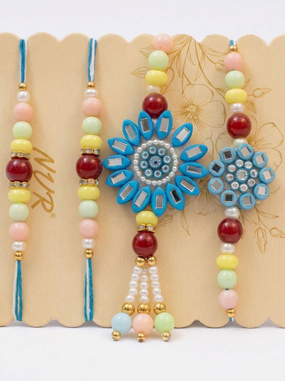 Anouk Set Of 4 Family Pack Beaded Thread Rakhi With Roli Chawal Chandan Mishri