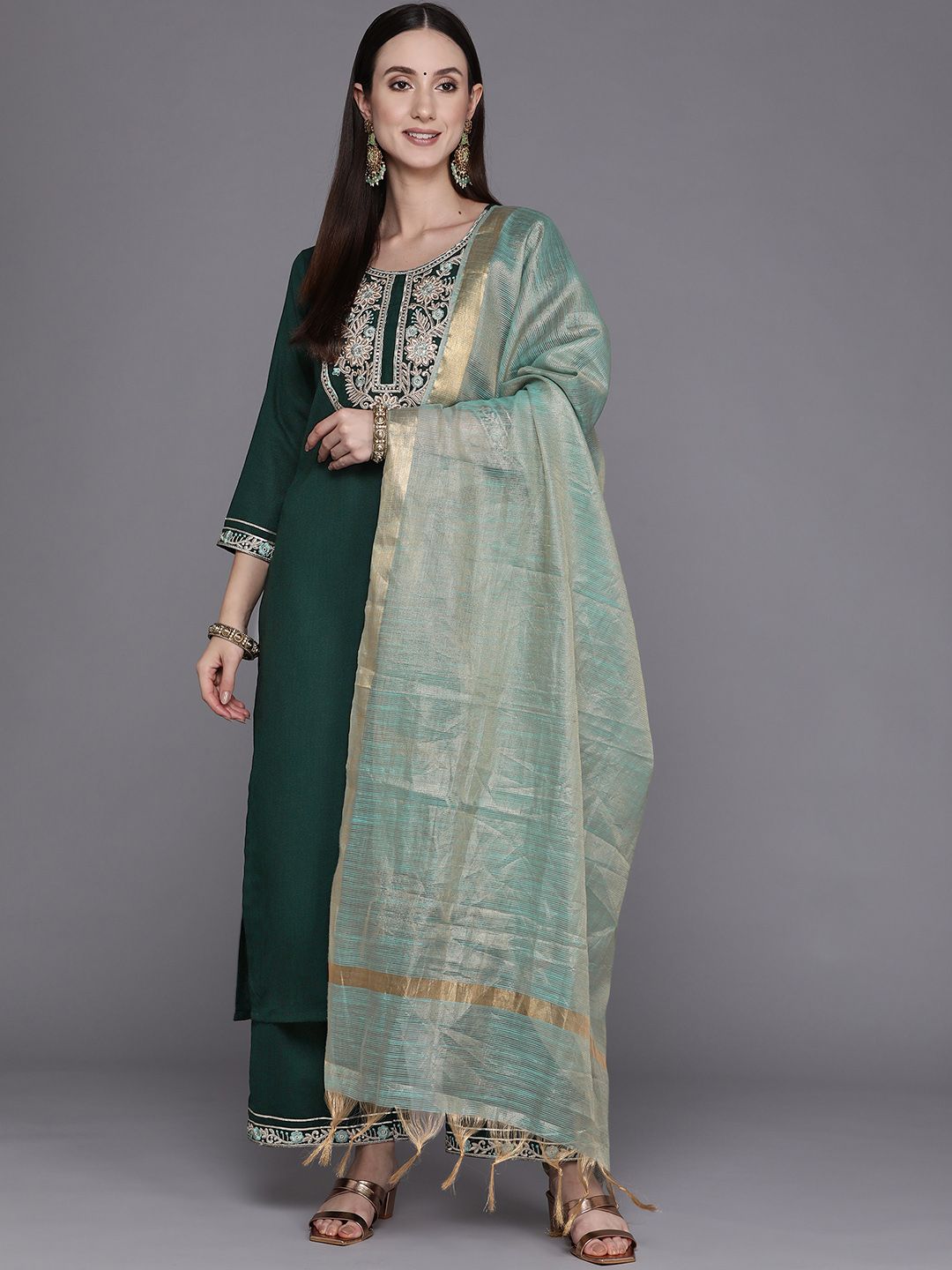 Indyancart IE Women Green Ethnic Motifs Embroidered Yoke Design Kurta with Palazzos & Dupatta