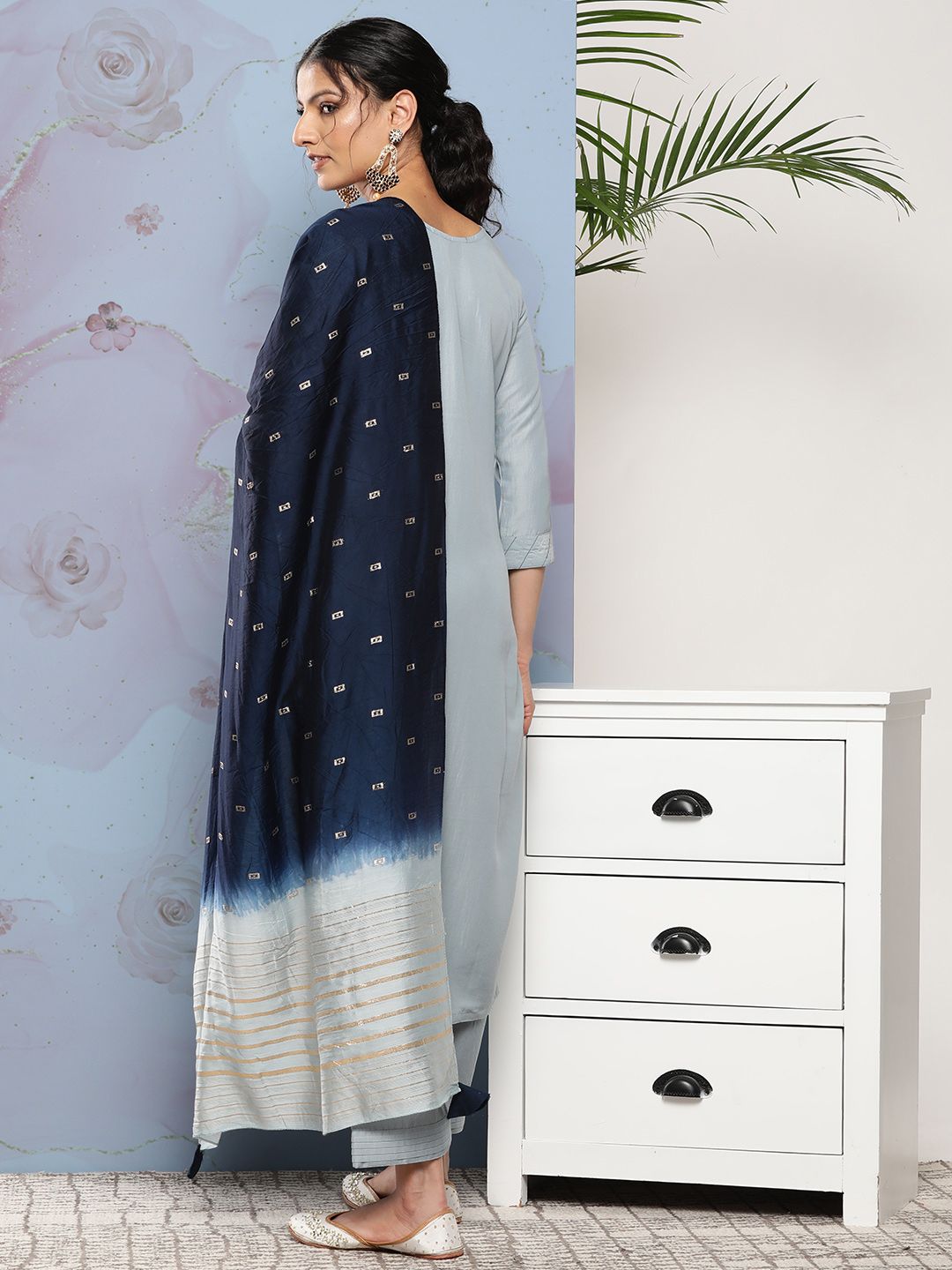 Indyancart VA Women'sFloral Embroidered Button Detail Kurta with Trousers & Dupatta