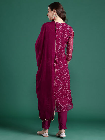 Bandhani Printed Zari Panelled Silk Chiffon Kurta with Trousers & With Dupatta
