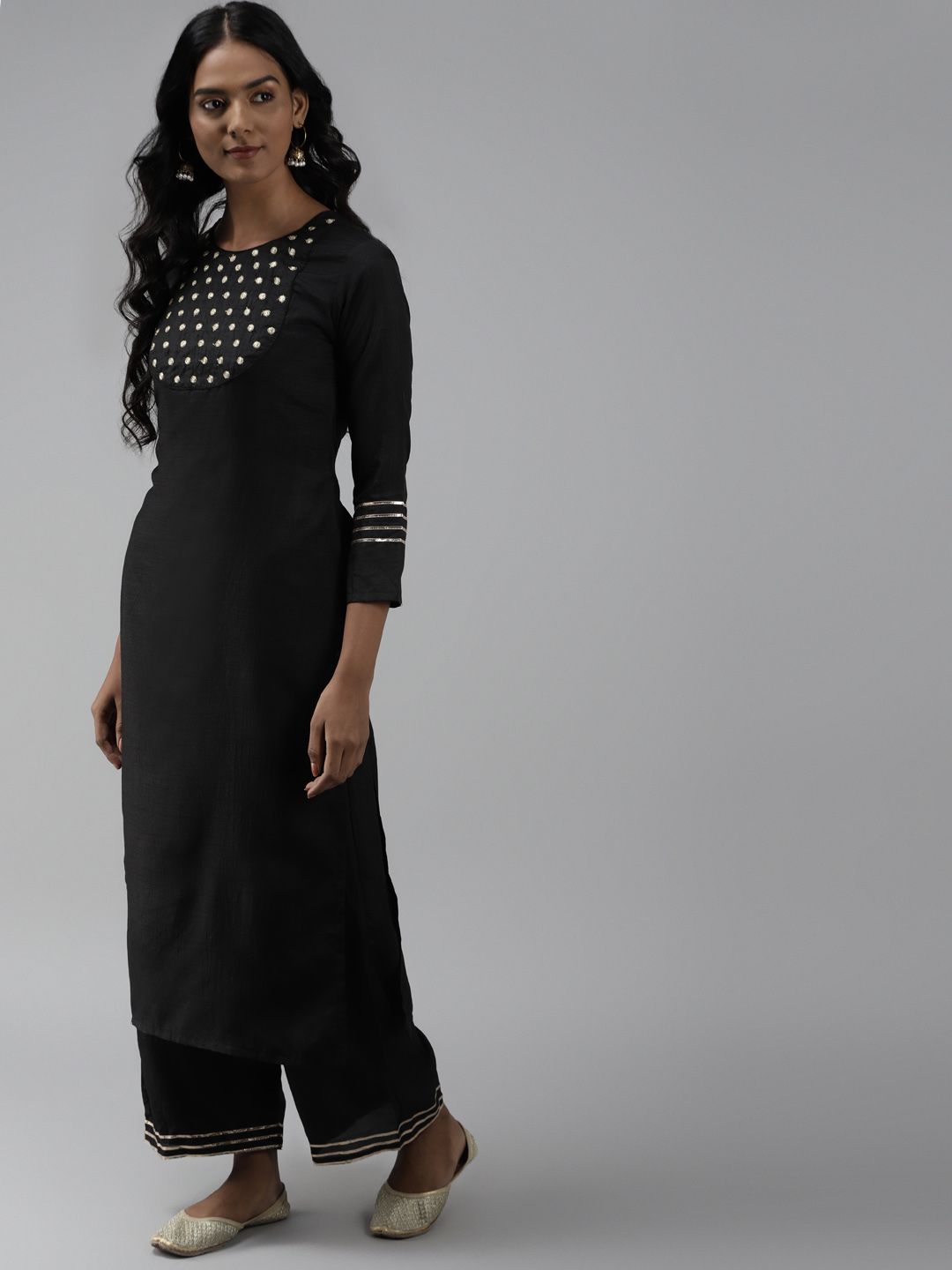 Dhiyona IE Women Black Yoke Design Regular Mirror Work Kurta with Palazzos