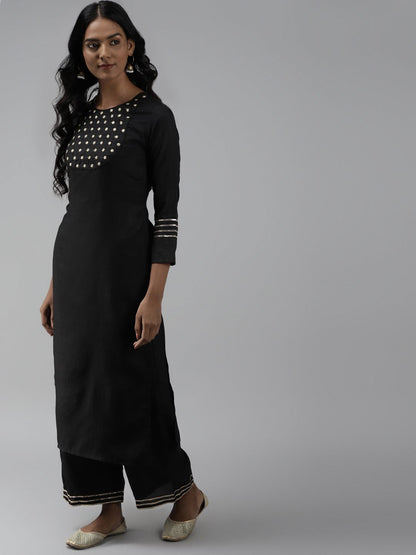 Dhiyona IE Women Black Yoke Design Regular Mirror Work Kurta with Palazzos