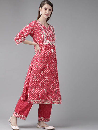 Indyancart IE Women Pink Ethnic Motifs Printed Kurta with Palazzos & With Dupatta