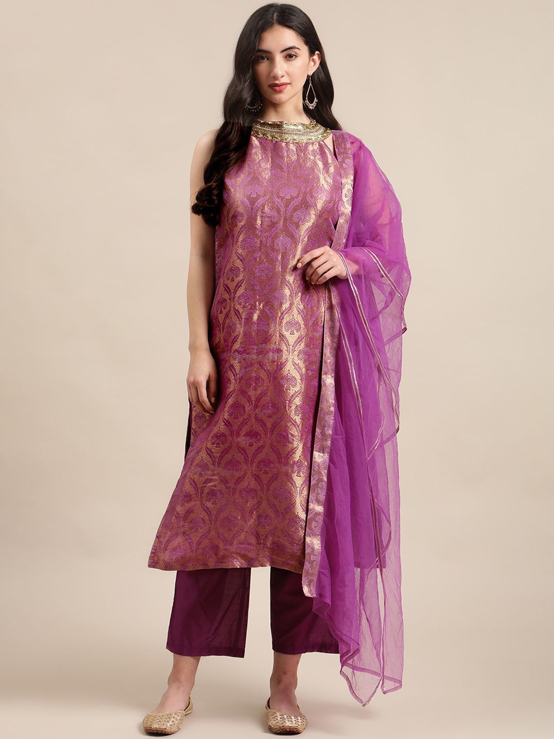 Indyancart VA Women Purple Ethnic Motifs Woven Design Kurta With Palazzos & Dupatta