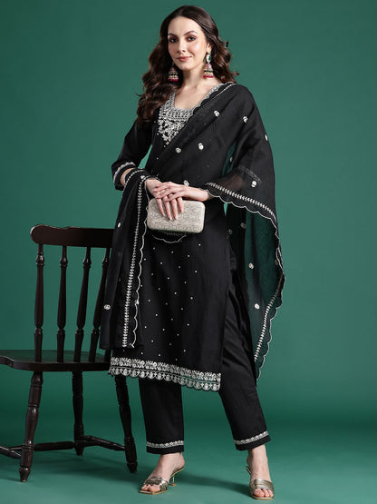 Indyancart IE Floral Embroidered Sequinned Pure Cotton Kurta with Trousers & With Dupatta