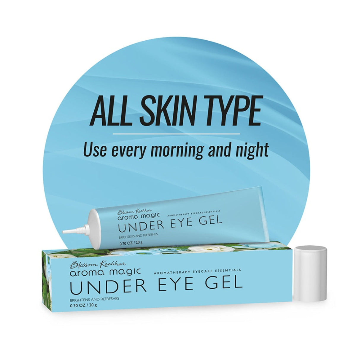 Aroma Magic Under Eye Gel in a clear tube, designed to brighten and refresh the delicate skin around the eyes.