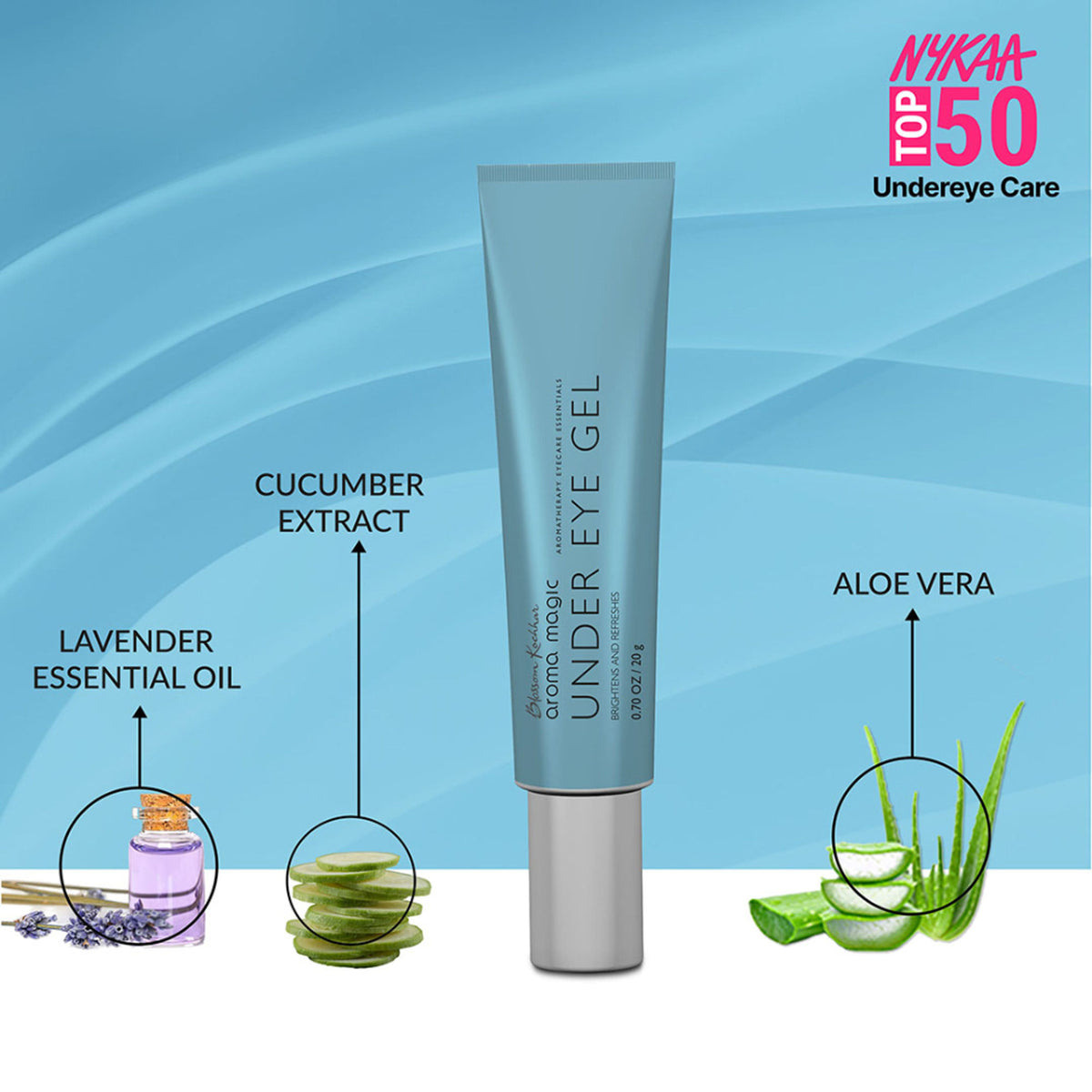 Aroma Magic Under Eye Gel brightens and refreshes the delicate skin around the eyes in a clear jar with a white lid.