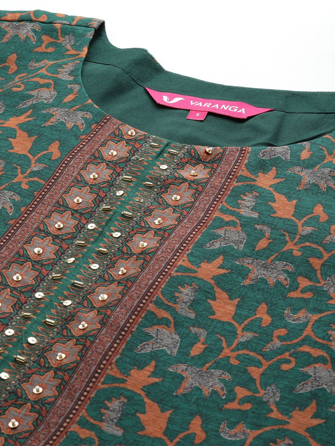 Indyancart VA Women'sEthnic Motifs Printed Sequinned Chanderi Cotton Kurta with Trousers & Dupatta
