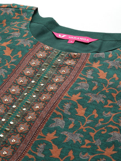 Indyancart VA Women'sEthnic Motifs Printed Sequinned Chanderi Cotton Kurta with Trousers & Dupatta