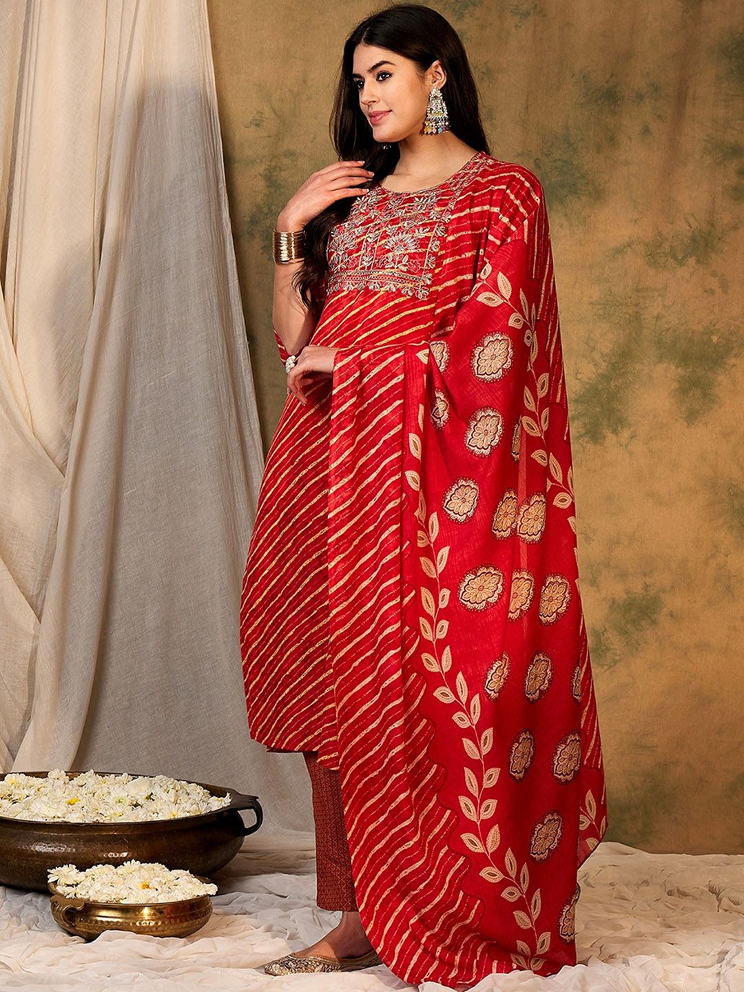 Indyancart IE Leheriya Printed Pure Cotton Kurta With Trousers & Dupatta
