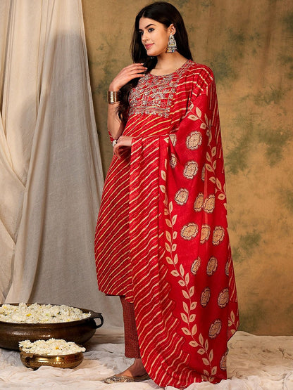 Indyancart IE Leheriya Printed Pure Cotton Kurta With Trousers & Dupatta