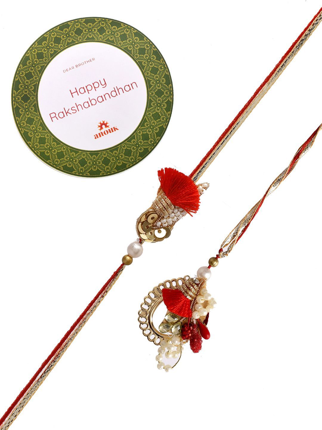 Anouk Red Pearl-Beaded Bhaiya Bhabhi Rakhi With Roli Chawal & Greeting Card