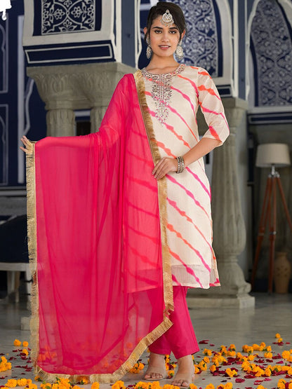 Indyancart VA Women's Bandhani Dyed Regular Gotta Patti Kurta with Trousers & With Dupatta