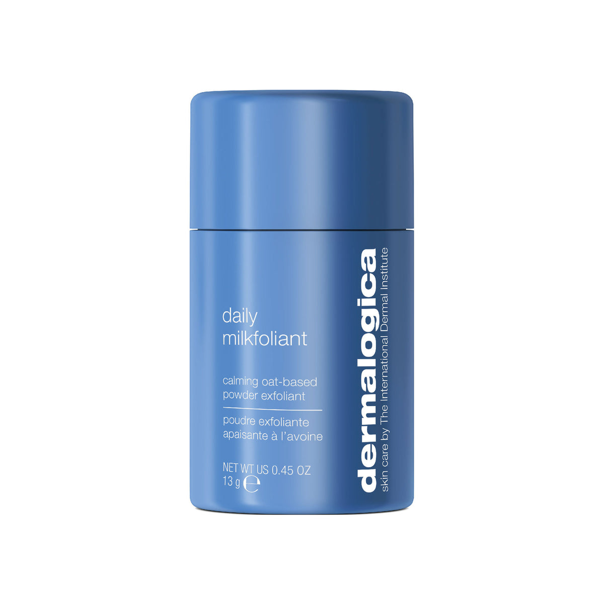 Dermalogica Daily Milkfoliant gentle oat-based powder exfoliant in a white jar with scoop and surrounding oats and skincare ingredients.