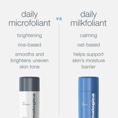 Dermalogica Daily Milkfoliant vegan oat-based powder exfoliant in a white jar with a clear lid, showing the light, fine powder inside.