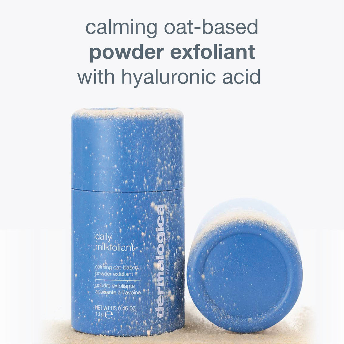 Dermalogica Daily Milkfoliant vegan oat-based powder exfoliant in a white jar with a scoop, designed for gentle skin renewal.