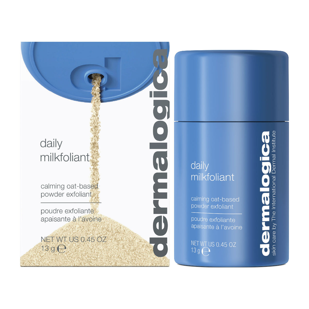 Dermalogica Daily Milkfoliant vegan oat-based powder exfoliant in a white jar with a scoop, showcasing the gentle skincare product.