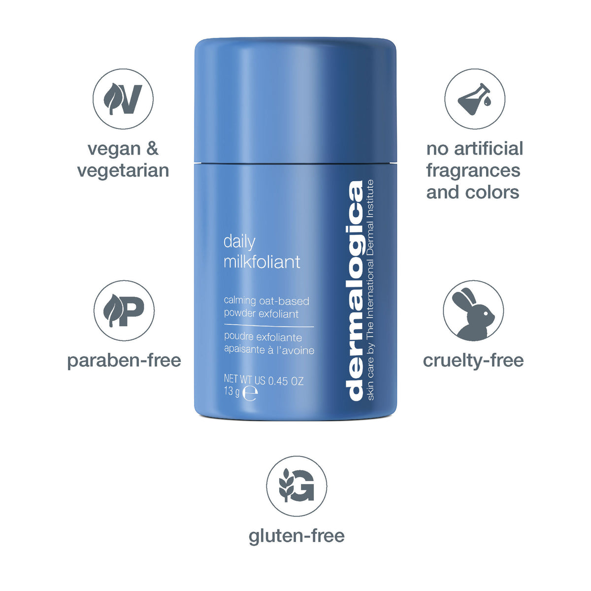 Dermalogica Daily Milkfoliant vegan oat-based powder exfoliant with a white and beige container and a scoop for gentle skin exfoliation.