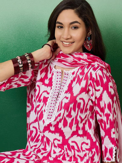 Indyancart SN Women's Notch Neck Printed Pure Cotton Kurta With Trousers & Dupatta