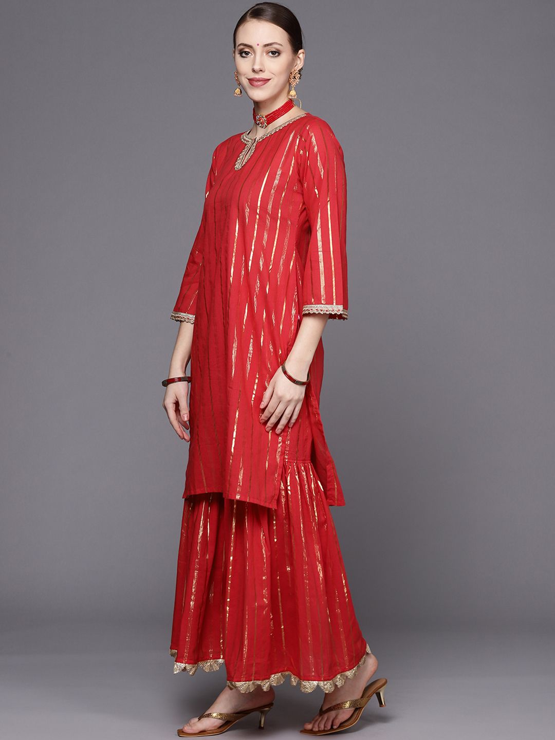 Indyancart VA Women's Red Striped Kurta with Sharara & With Dupatta