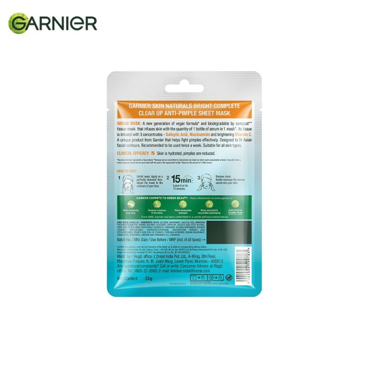 Garnier Bright Complete anti-pimple sheet mask with salicylic acid, niacinamide, and vitamin C serum for clear, glowing skin.