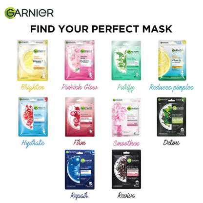 Garnier Bright Complete anti-pimple sheet mask with salicylic acid, niacinamide, and vitamin C serum on a skincare display