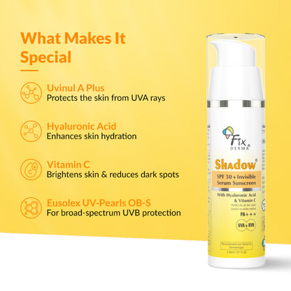FIXDERMA Shadow Invisible Serum Sunscreen SPF 50+ PA+++ |No White Cast| For All Skin Types