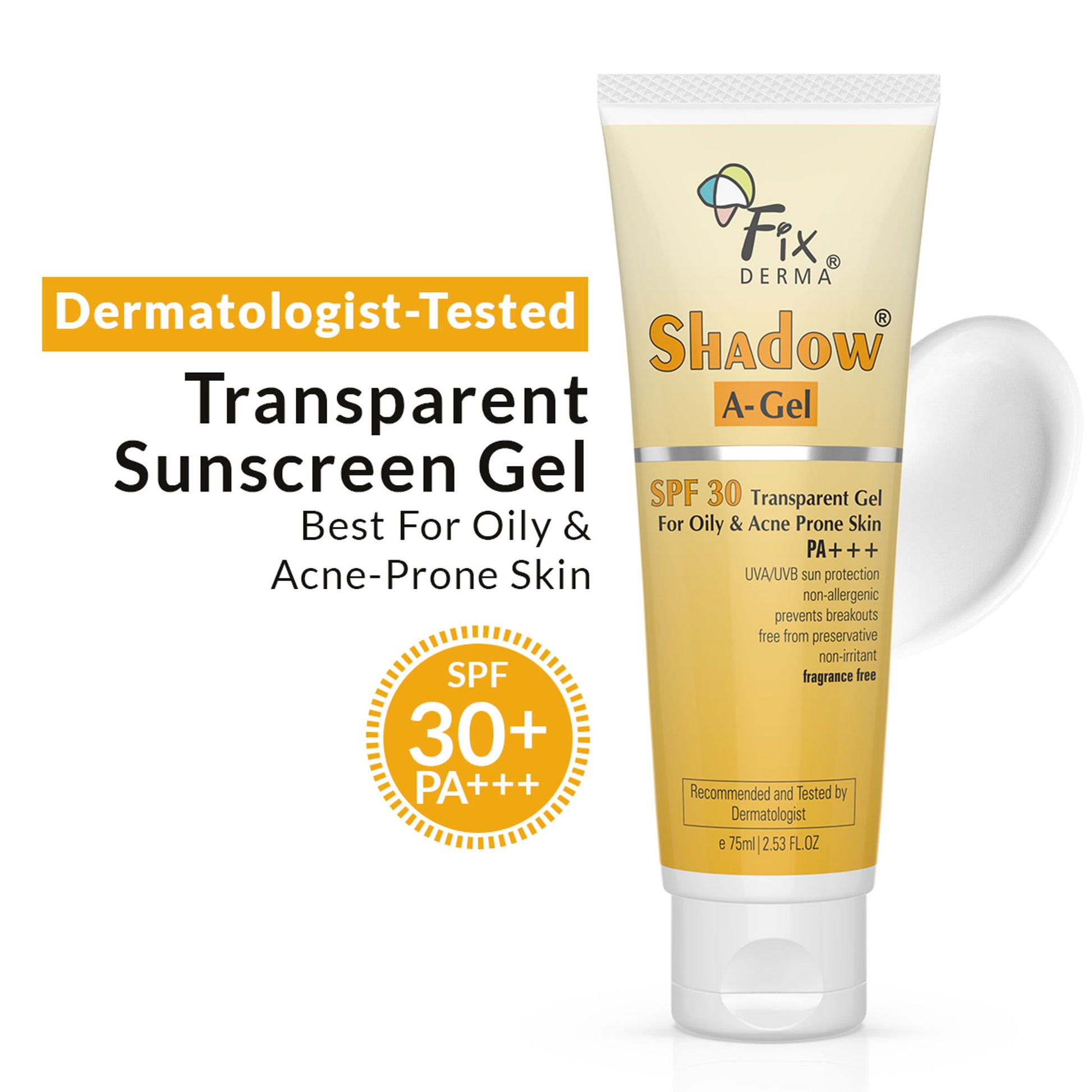 Fixderma Shadow AGel SPF 30 Sunscreen For Acne Prone Skin, NonOily, UVA UVB, Transparent Gel