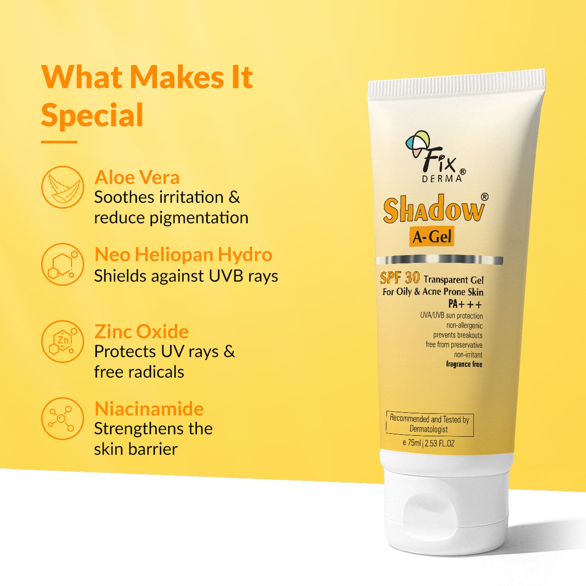 Fixderma Shadow AGel SPF 30 Sunscreen For Acne Prone Skin, NonOily, UVA UVB, Transparent Gel