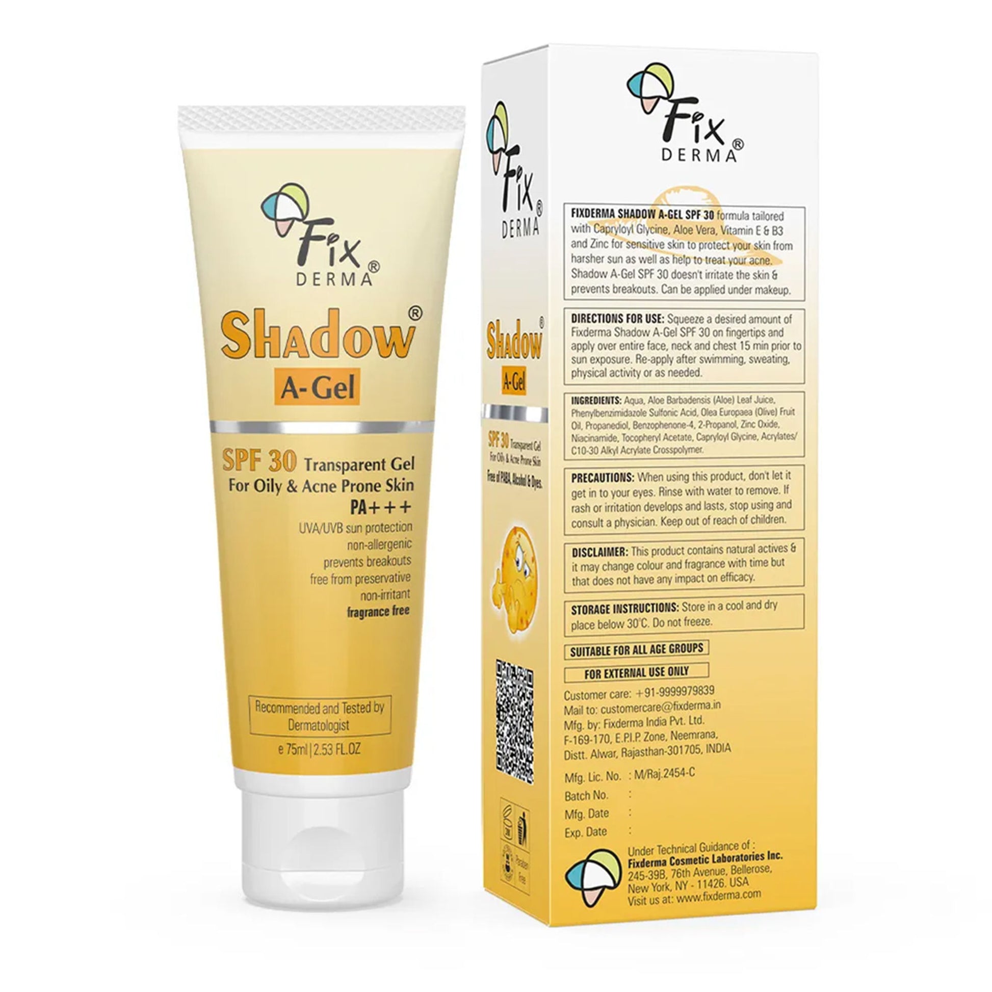 Fixderma Shadow AGel SPF 30 Sunscreen For Acne Prone Skin, NonOily, UVA UVB, Transparent Gel