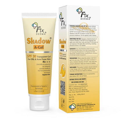 Fixderma Shadow AGel SPF 30 Sunscreen For Acne Prone Skin, NonOily, UVA UVB, Transparent Gel