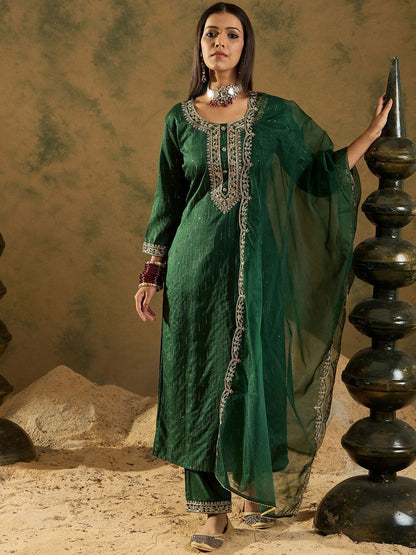 Dhiyona IE Women Ethnic Motifs Embroidered Regular Sequinned Liva Kurta with Trousers & With Dupatta