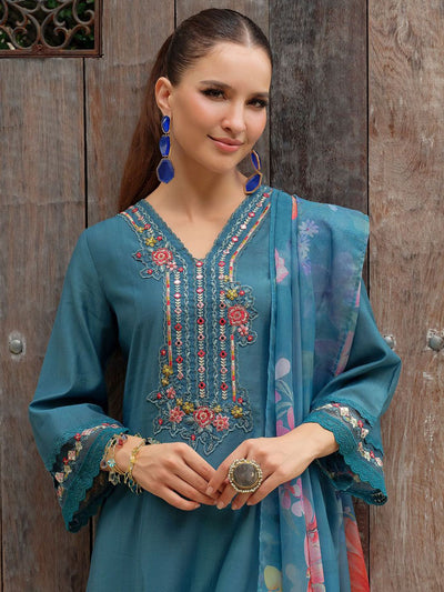 Indyancart IE Women Floral Embroidered Regular Mirror Work Kurta with Trousers & Dupatta