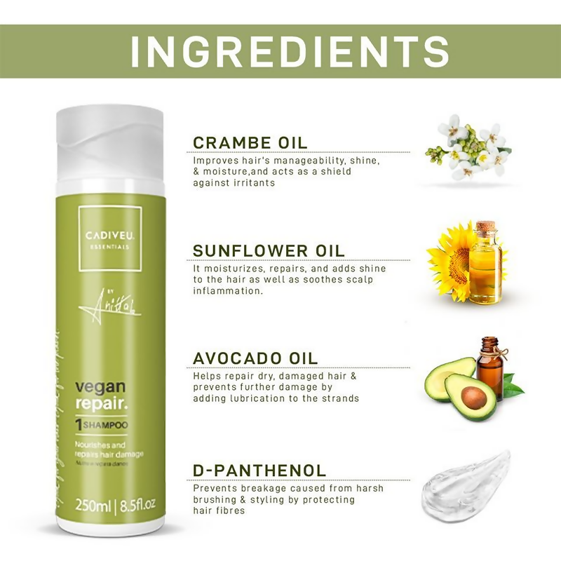 Cadiveu Vegan Repair Shampoo bottle with white and green label, showcasing a nourishing hair care product for damaged hair.