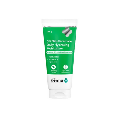 The Derma Co 5% Nia-Ceramide Daily Hydrating Face Moisturizer shown in a jar with a smooth, creamy texture