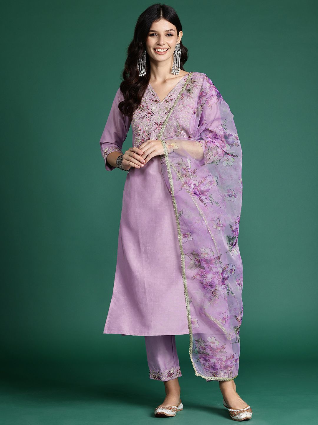 Indyancart IE Ethnic Motifs Embroidered Kurta with Trousers & With Dupatta
