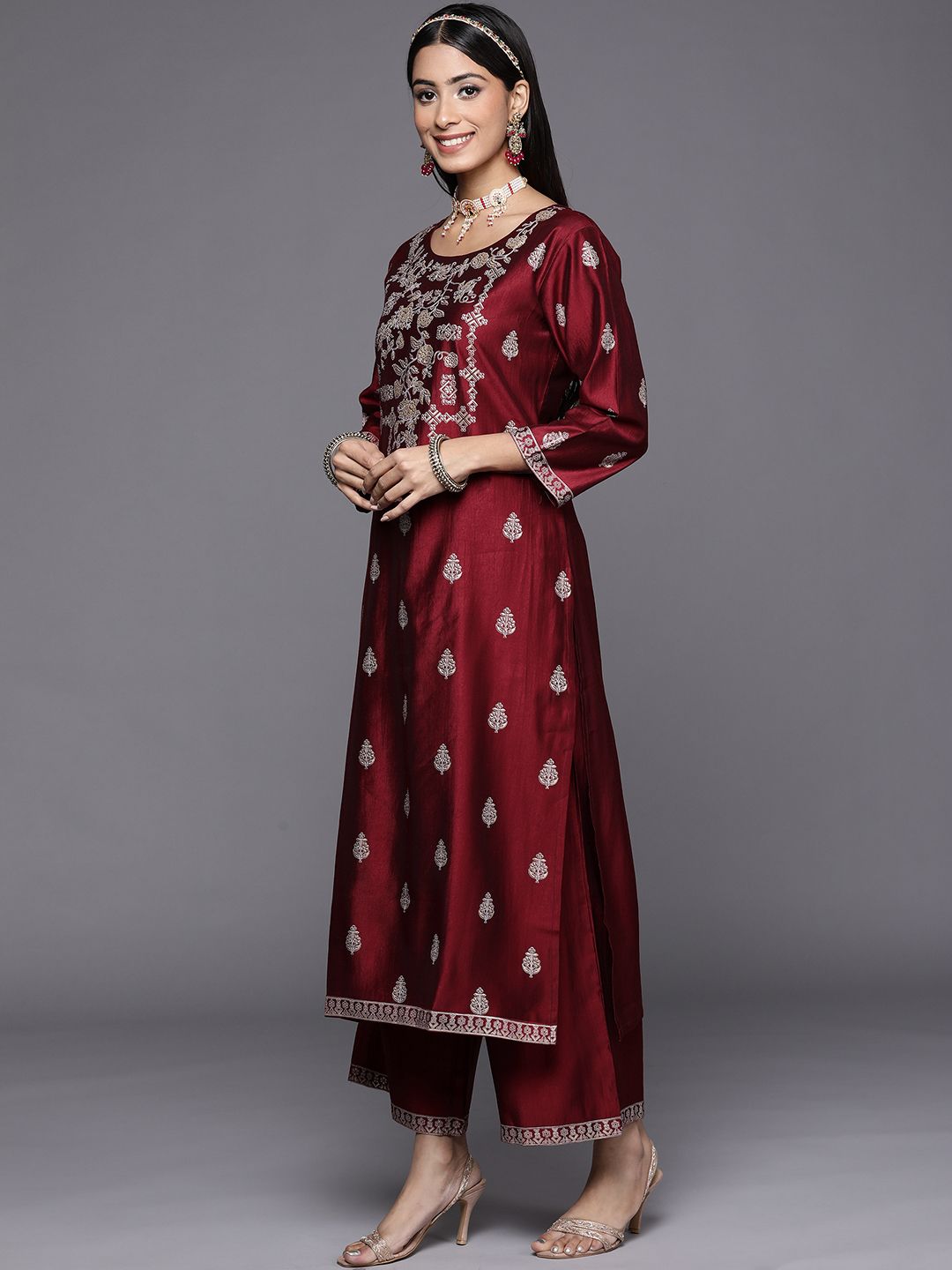 Indyancart IE Women Maroon & Golden Ethnic Motifs Printed Liva Kurta with Palazzos & Dupatta