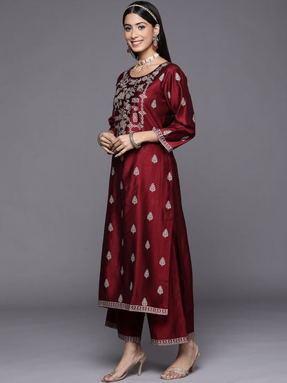 Indyancart IE Women Maroon & Golden Ethnic Motifs Printed Liva Kurta with Palazzos & Dupatta