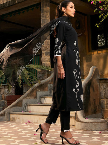 Indyancart IE Floral Embroidered Keyhole Neck Thread Work Kurta with Trousers & With Dupatta