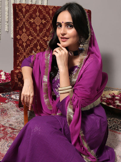 Indyancart VA Women's Purple Ethnic Motifs Yoke Design Pure Cotton Kurta with Trousers & Dupatta