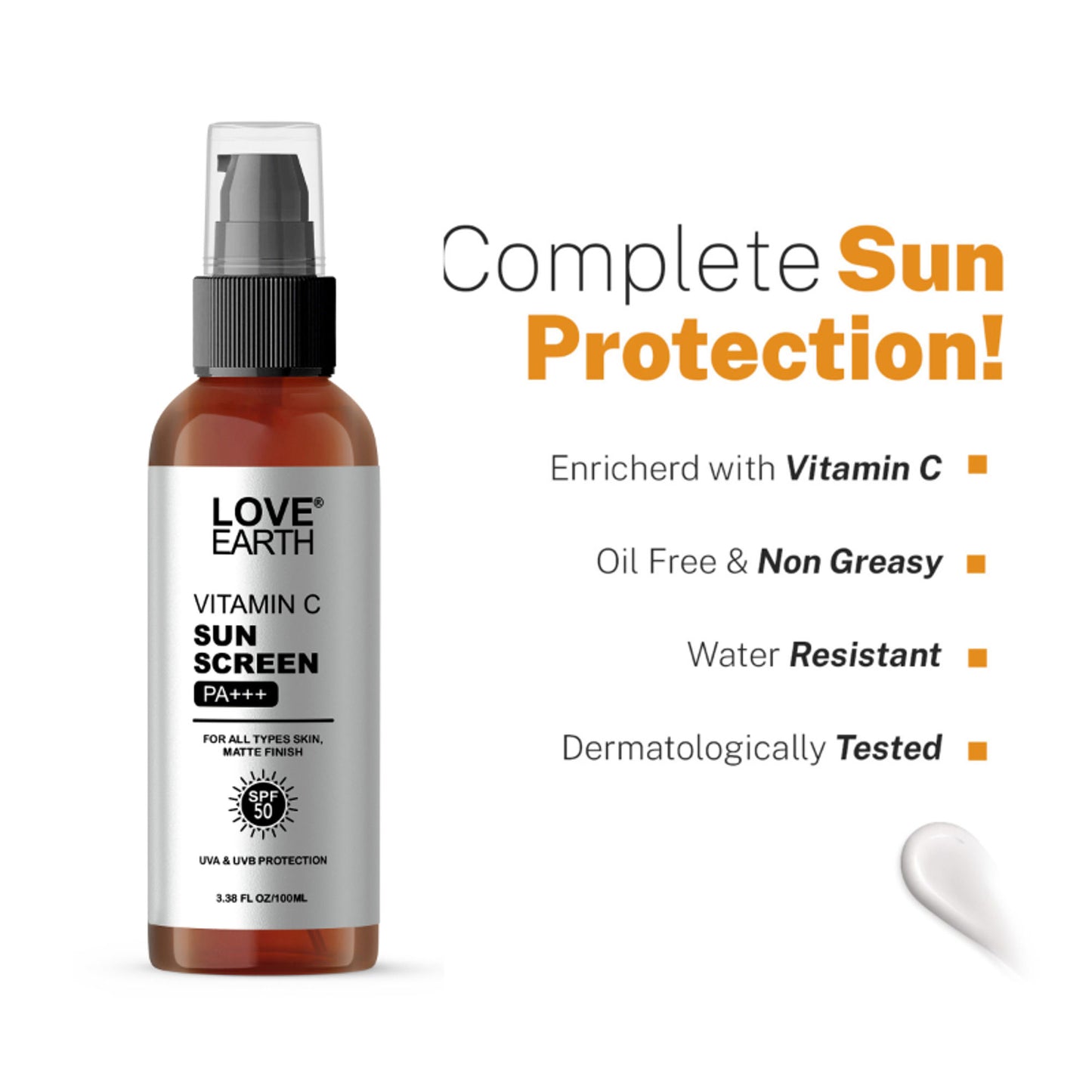 Love Earth Vitamin C Sunscreen SPF-50 for UVA UVB Ray Protection with Vitamin CEssential Oils
