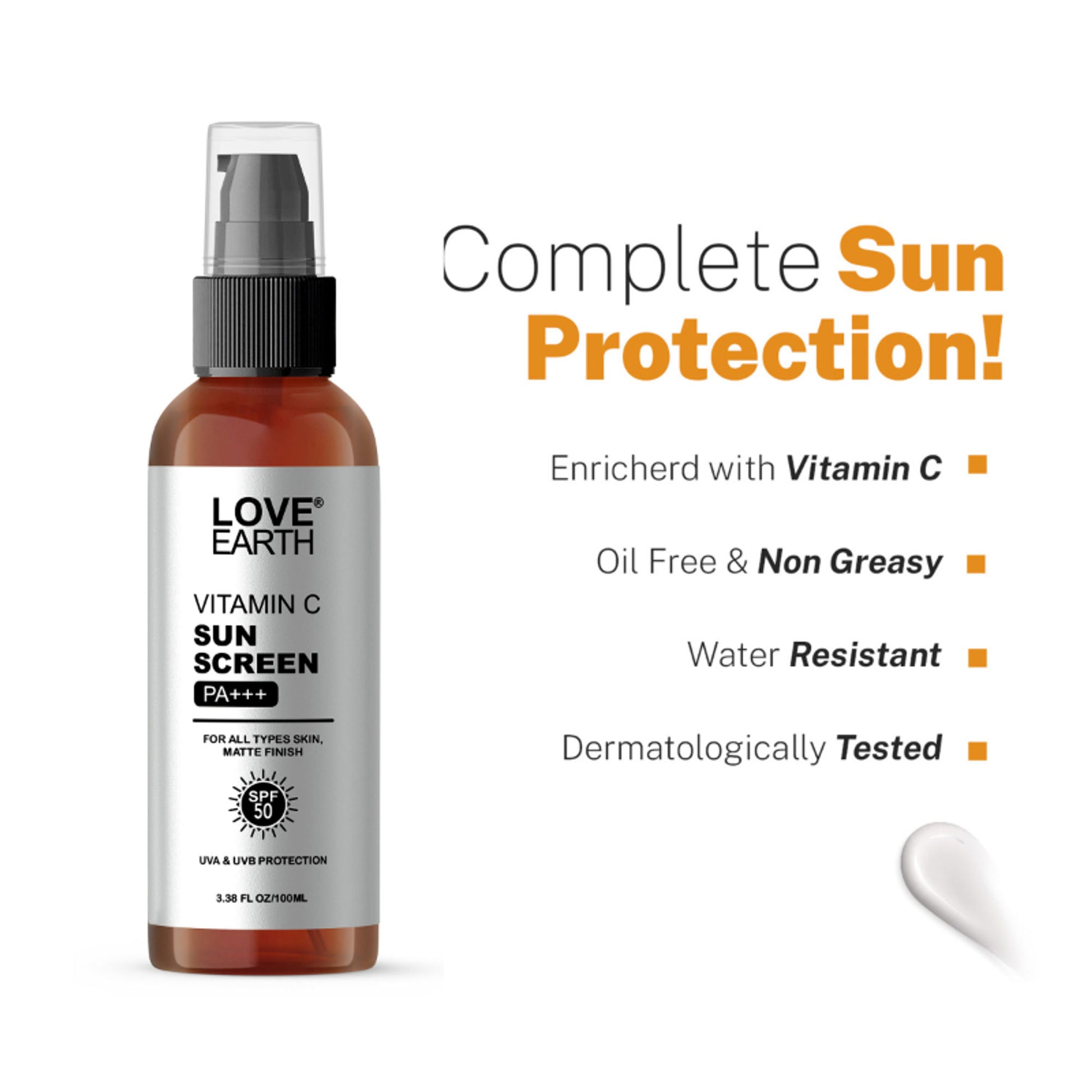 Love Earth Vitamin C Sunscreen SPF-50 for UVA UVB Ray Protection with Vitamin CEssential Oils