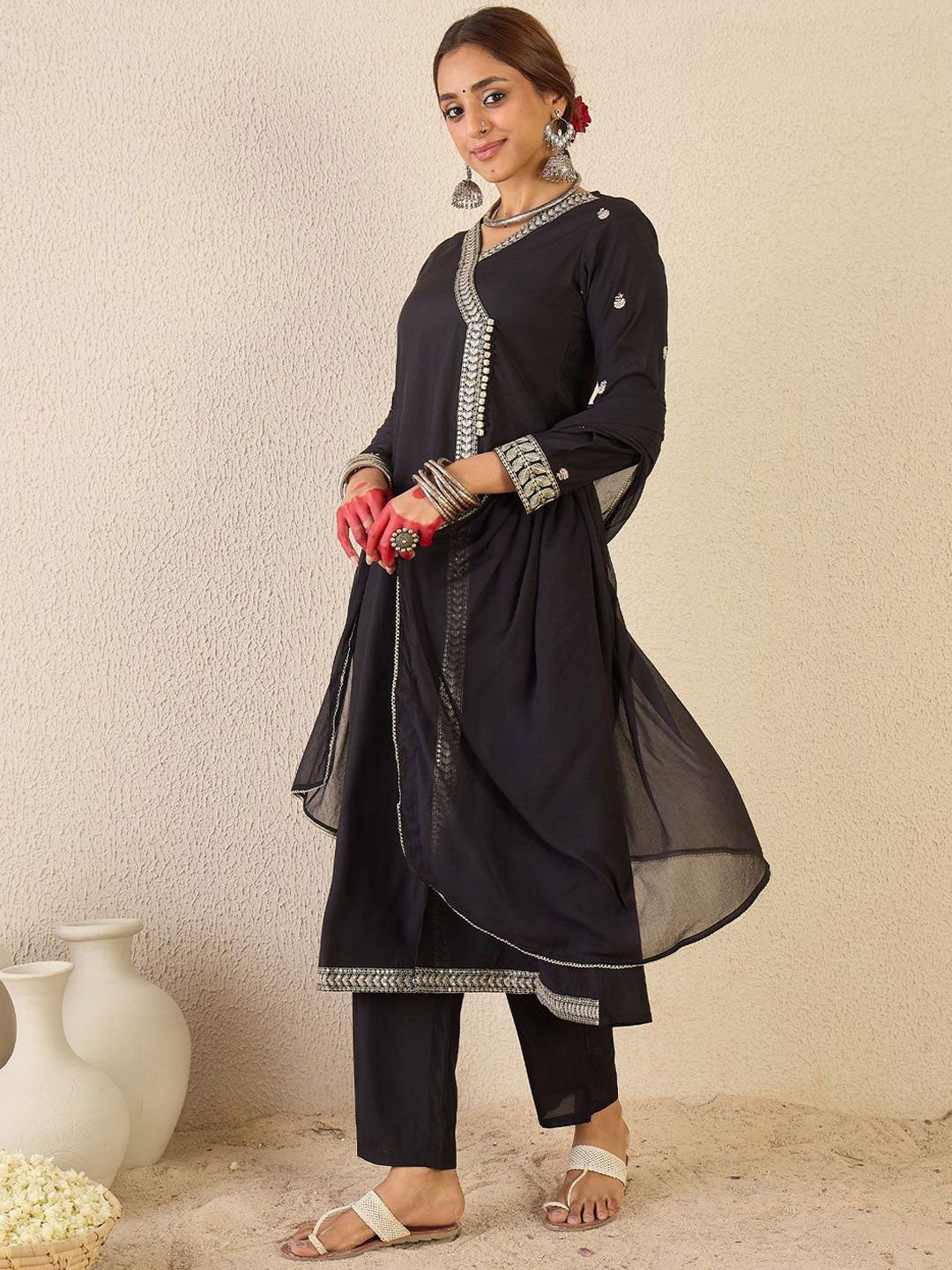 Indyancart IE Ethnic Motifs Embroidered Angrakha Kurta With Trousers & Dupatta