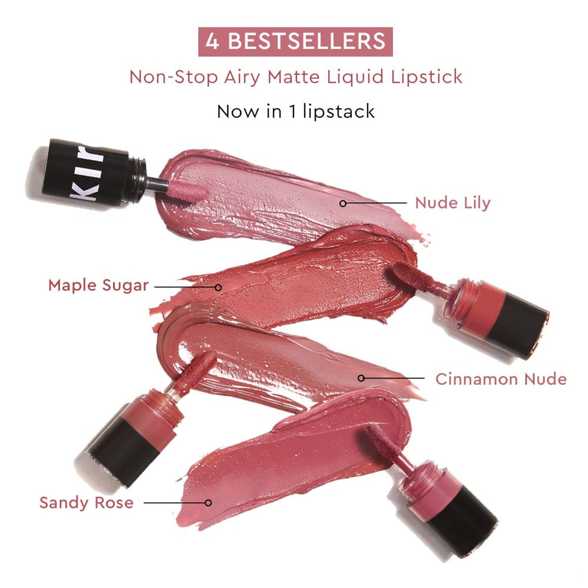 KIRO Four Play Non-Stop Airy Matte Liquid Lipstick in Supreme Quad with four vibrant shades displayed in sleek packaging.