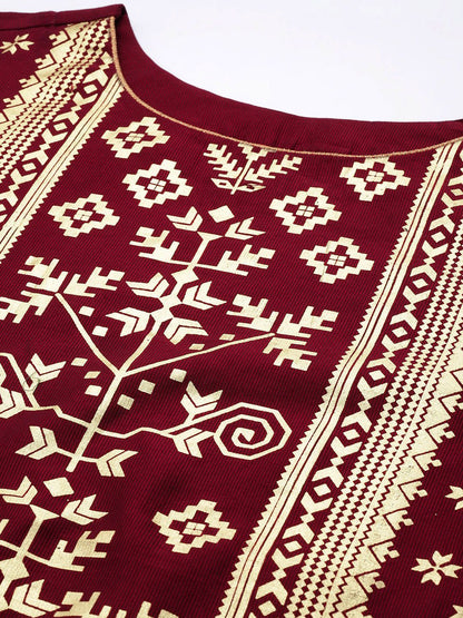 Indyancart IE Women Maroon Printed Liva Kurta with Trousers & With Dupatta