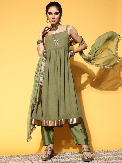 Indyancart VA Women's Textured Poly Georgette Spaghetti Straps Kurta Set