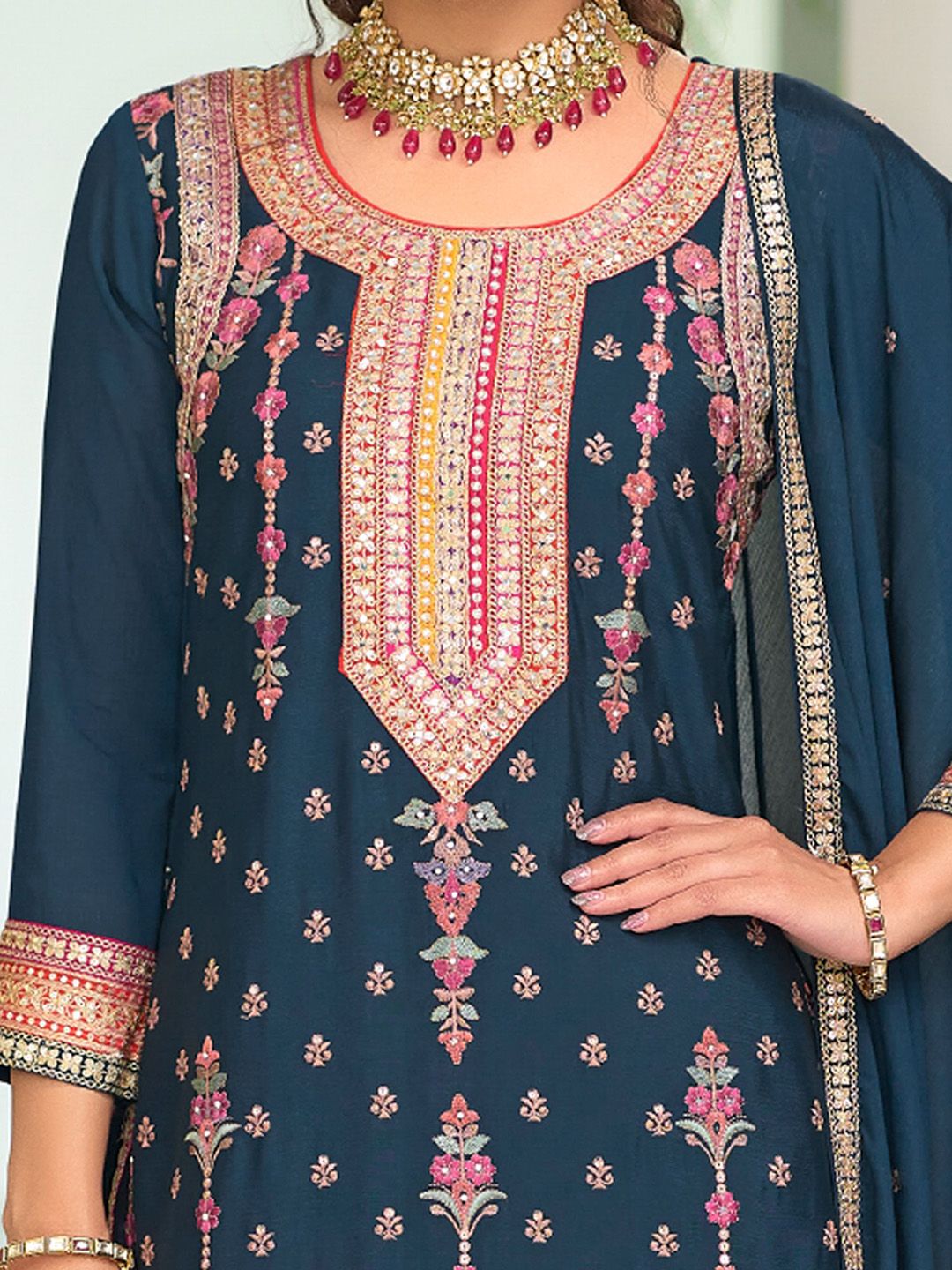 Indyancart IE Women Ethnic Motifs Embroidered Regular Mirror Work Kurta with Palazzos & With Dupatta