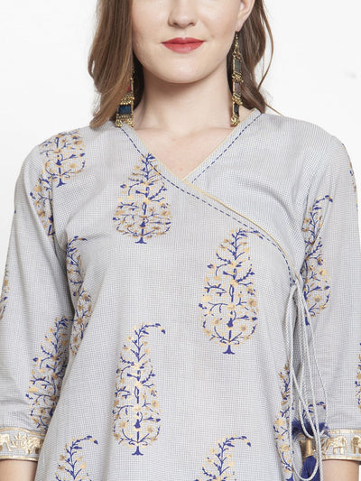 Indyancart VA Women's Grey Printed Kurta with Sharara