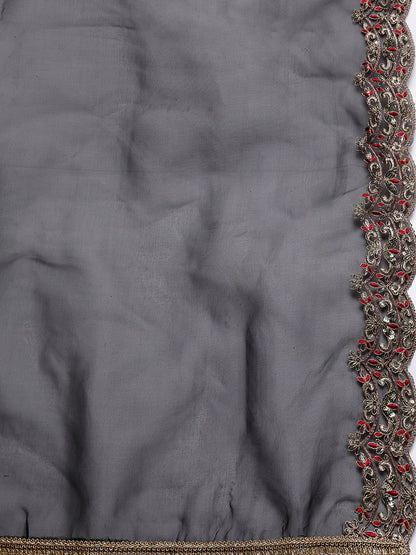 Indyancart IE Floral Embroidered Regular Sequinned Liva Kurta with Trousers & Dupatta