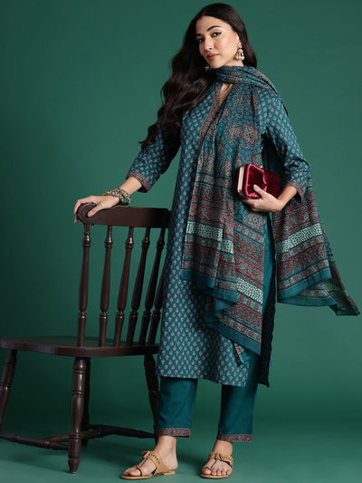 Indyancart IE Ethnic Motifs Printed Pure Cotton Kurta With Trousers & Dupatta